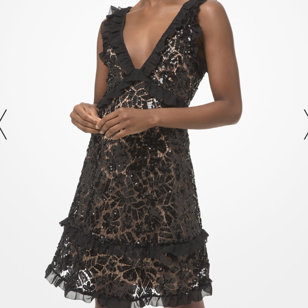 MICHAEL KORS Sequin Lace Ruffle-Trim Cocktail Dress XXS NWT
